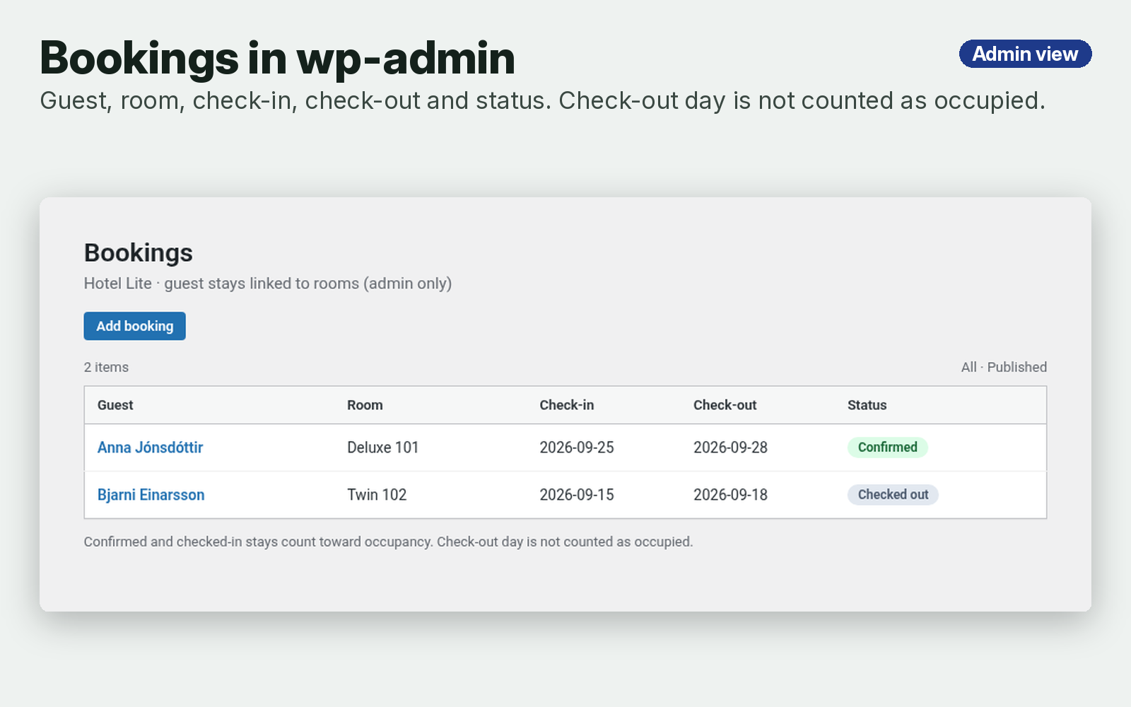 Hotel Lite admin – bookings list with check-in and check-out