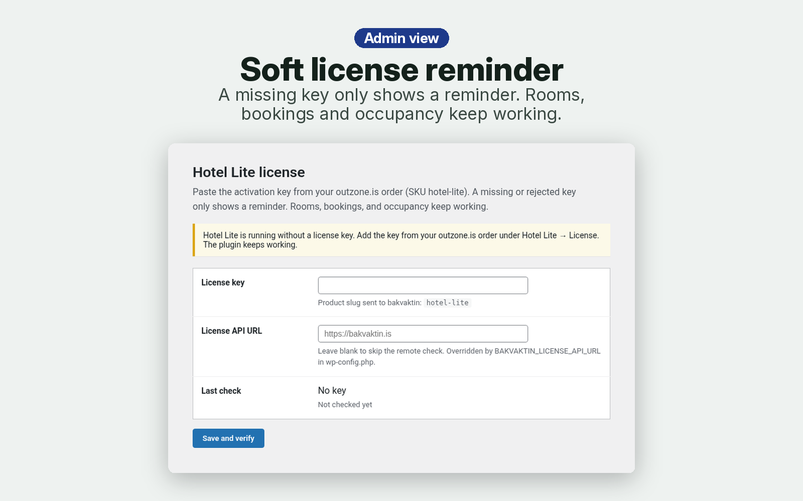 Hotel Lite admin – license screen with soft reminder