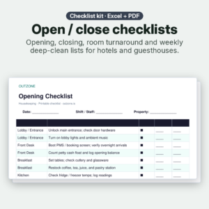 Housekeeping open / close checklists kit – Excel + PDF opening checklist preview