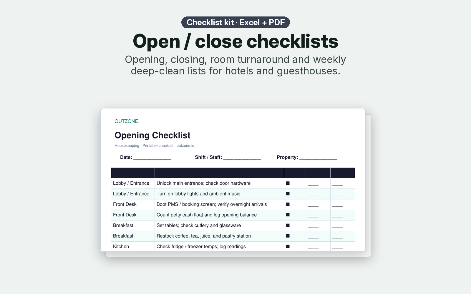 Housekeeping open / close checklists kit – Excel + PDF opening checklist preview