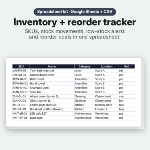 Inventory + reorder tracker spreadsheet kit – items sheet preview