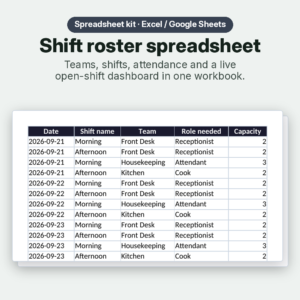 Shift roster spreadsheet kit – schedule sheet preview