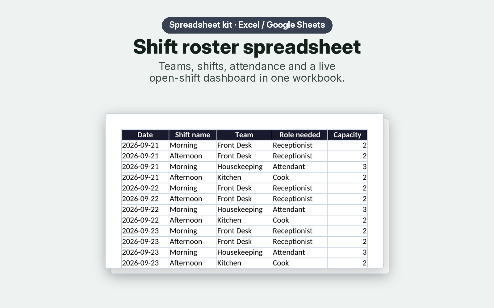 Shift roster spreadsheet kit – schedule sheet preview