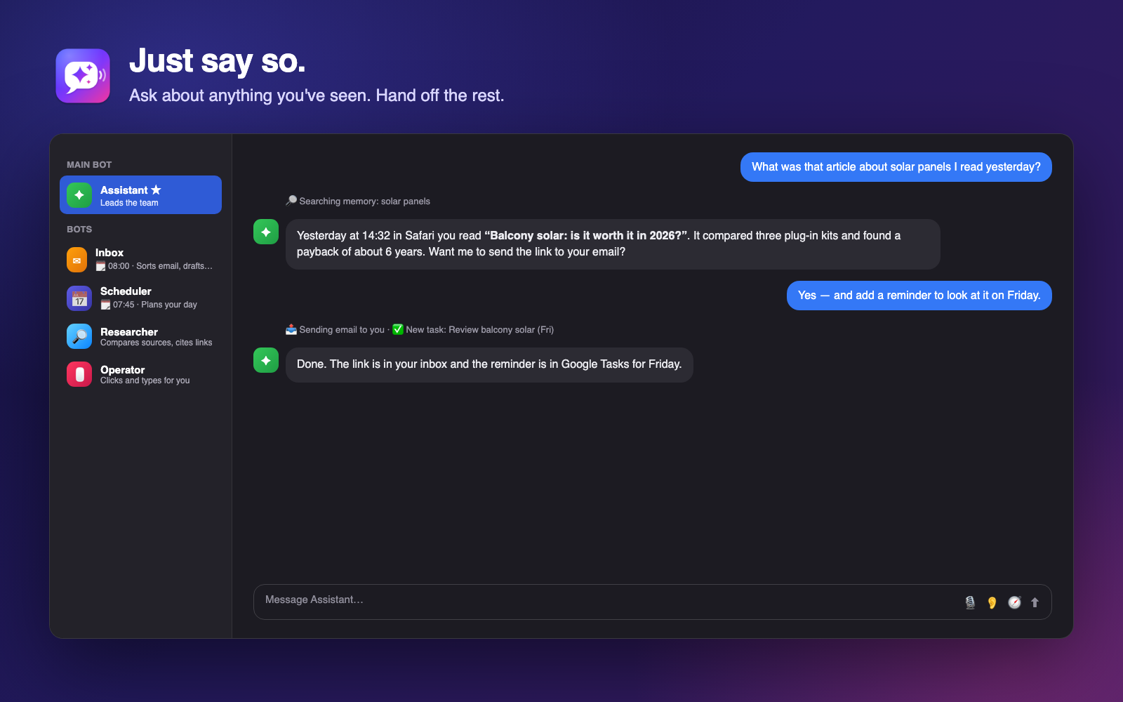 Sayso chat window with AI bots answering from screen memory