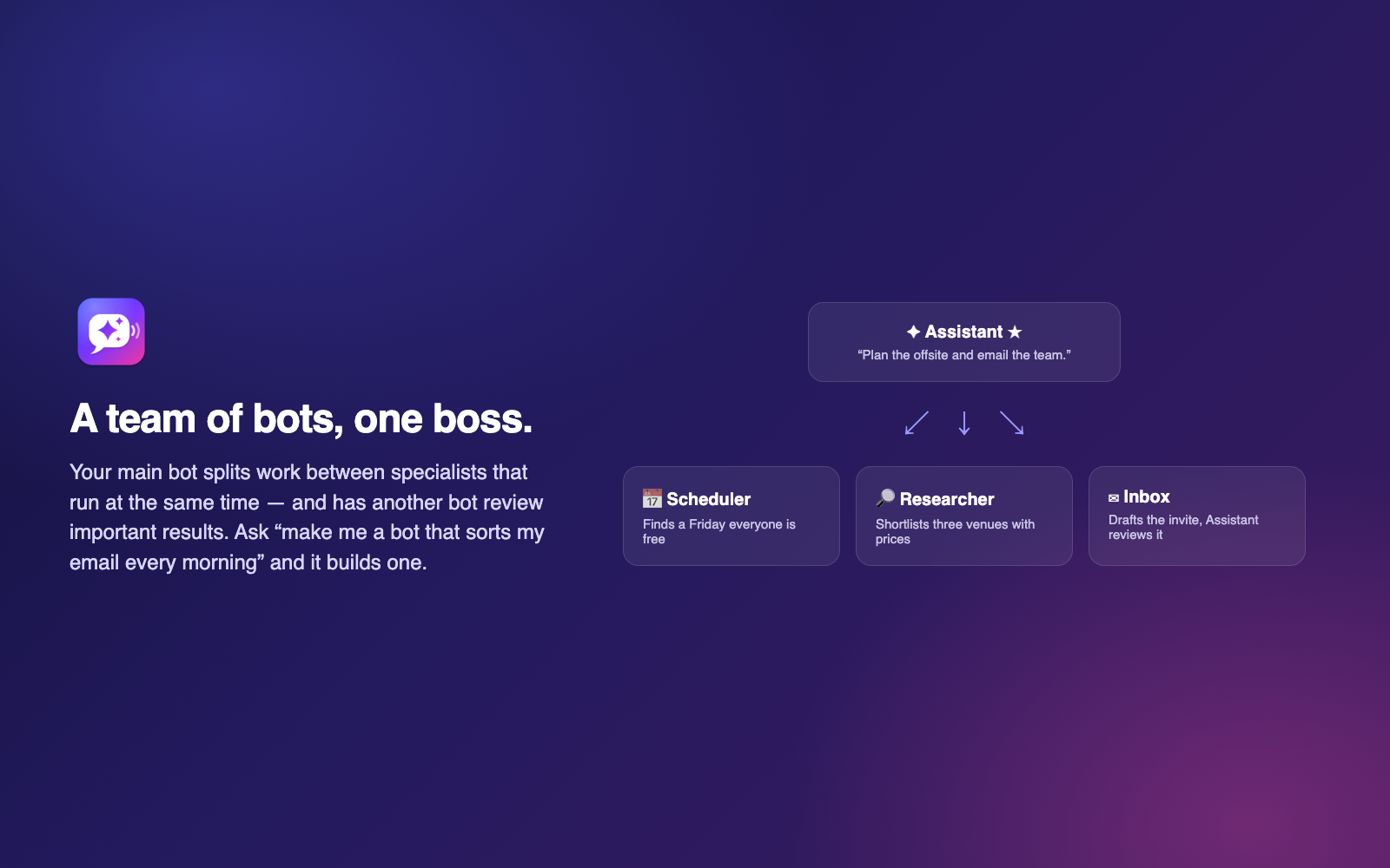 Main bot delegating tasks to specialist bots