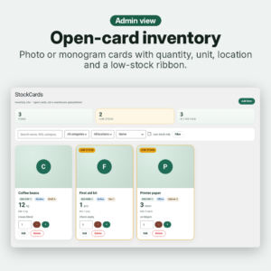 StockCards Lite admin view – open-card inventory with low-stock ribbon
