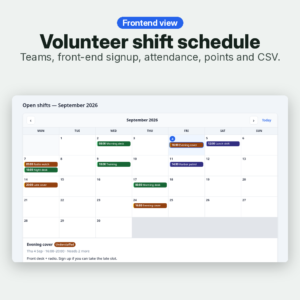 DutyRoster Lite frontend – volunteer shift schedule calendar with signup