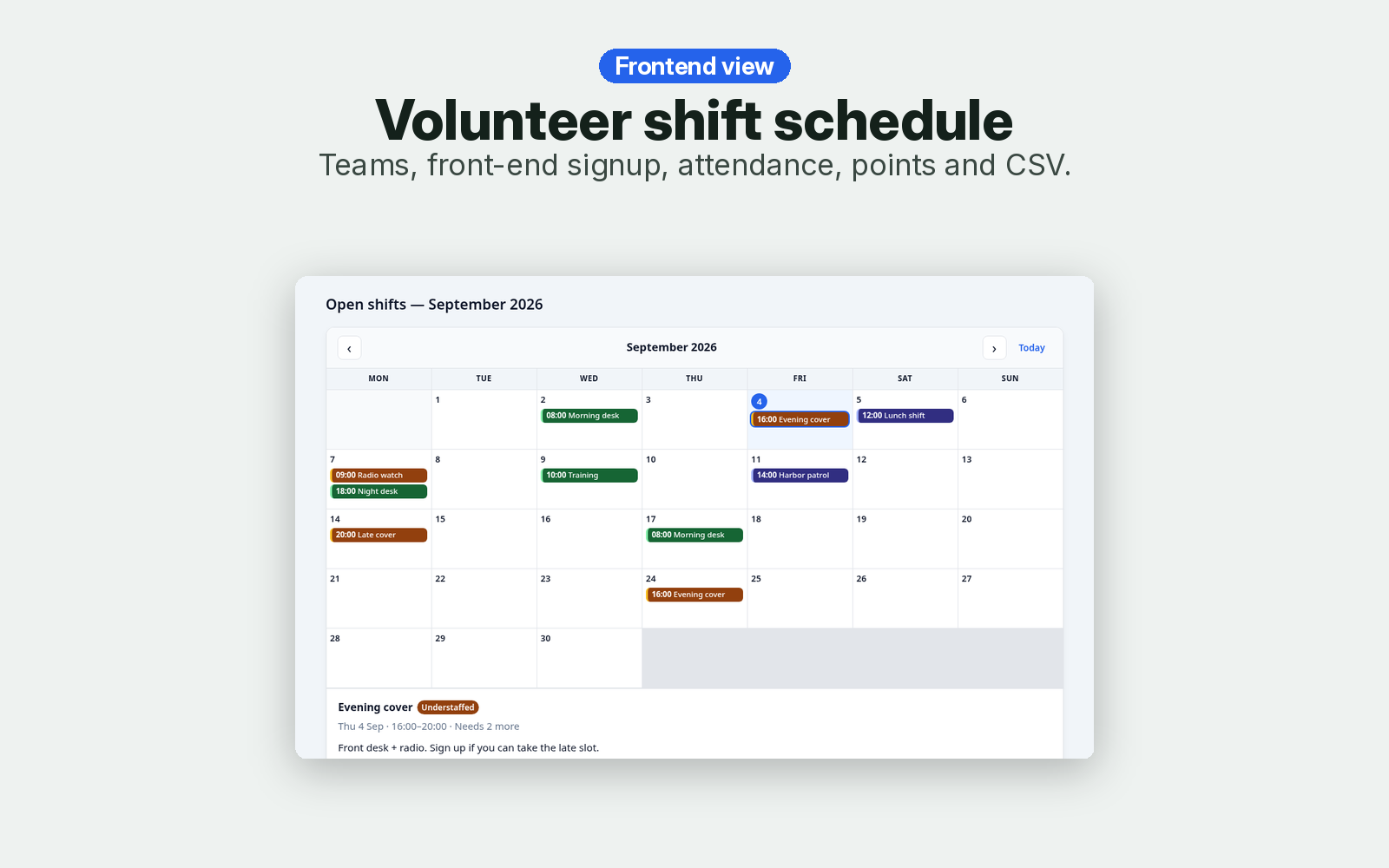 DutyRoster Lite frontend – volunteer shift schedule calendar with signup