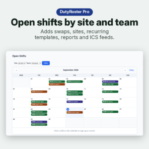 DutyRoster Pro frontend – open shifts calendar filtered by site and team